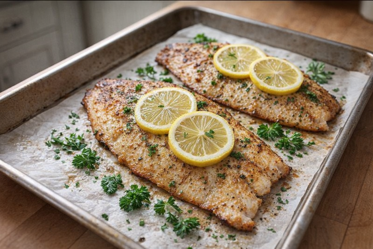 An overhead shot of two perfectly baked tilapia fillets on a baking sheet, garnished with lemon slices and parsley, golden brown edges, soft natural lighting